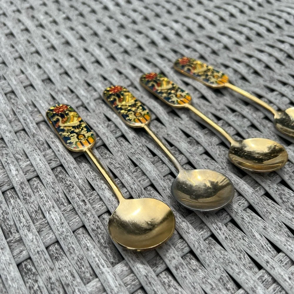 Winged Bird Traditional Asian Style Gold Plated Teaspoons Flatware Set Of 4